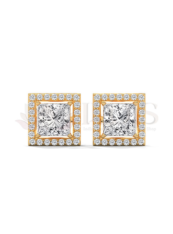 Luxury Double Halo Princess Cut Diamond Stud Earrings