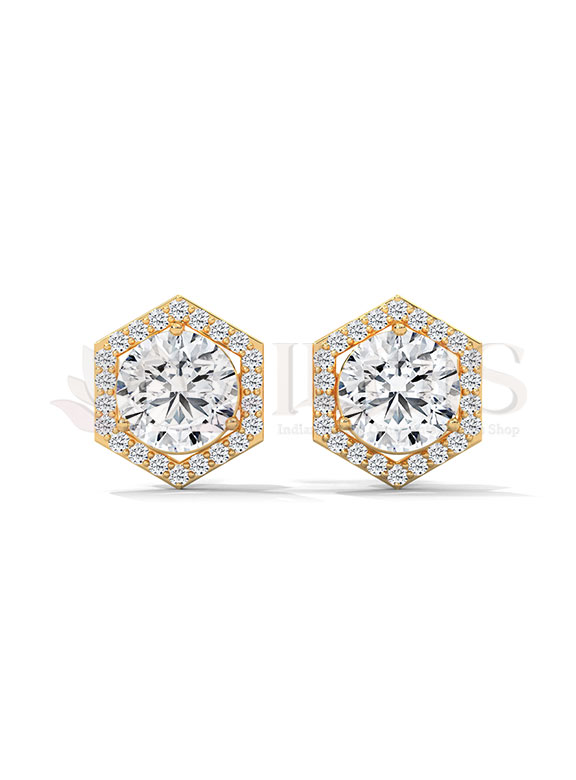 Modern Hexagon Halo Diamond Stud Earrings