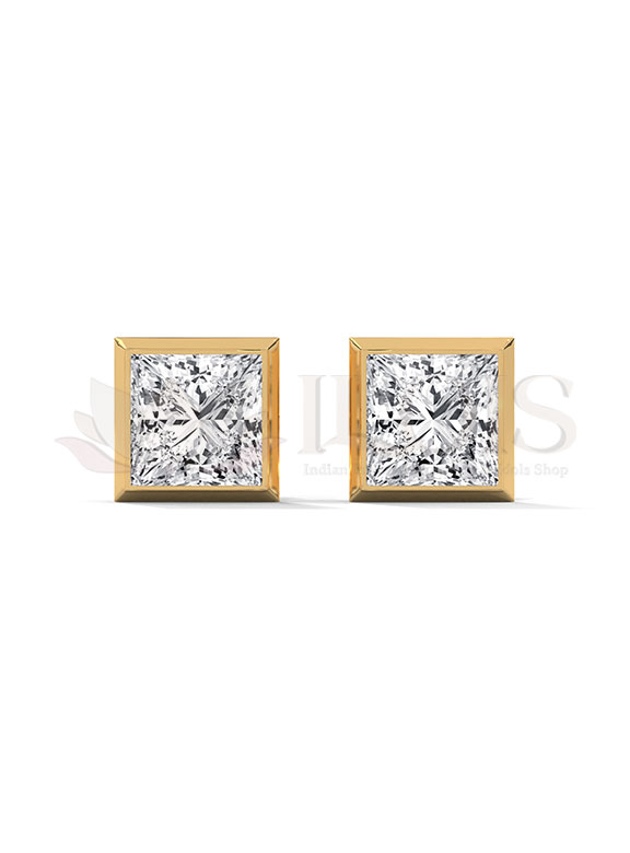 Modern Princess Cut Bezel Diamond Stud Earrings